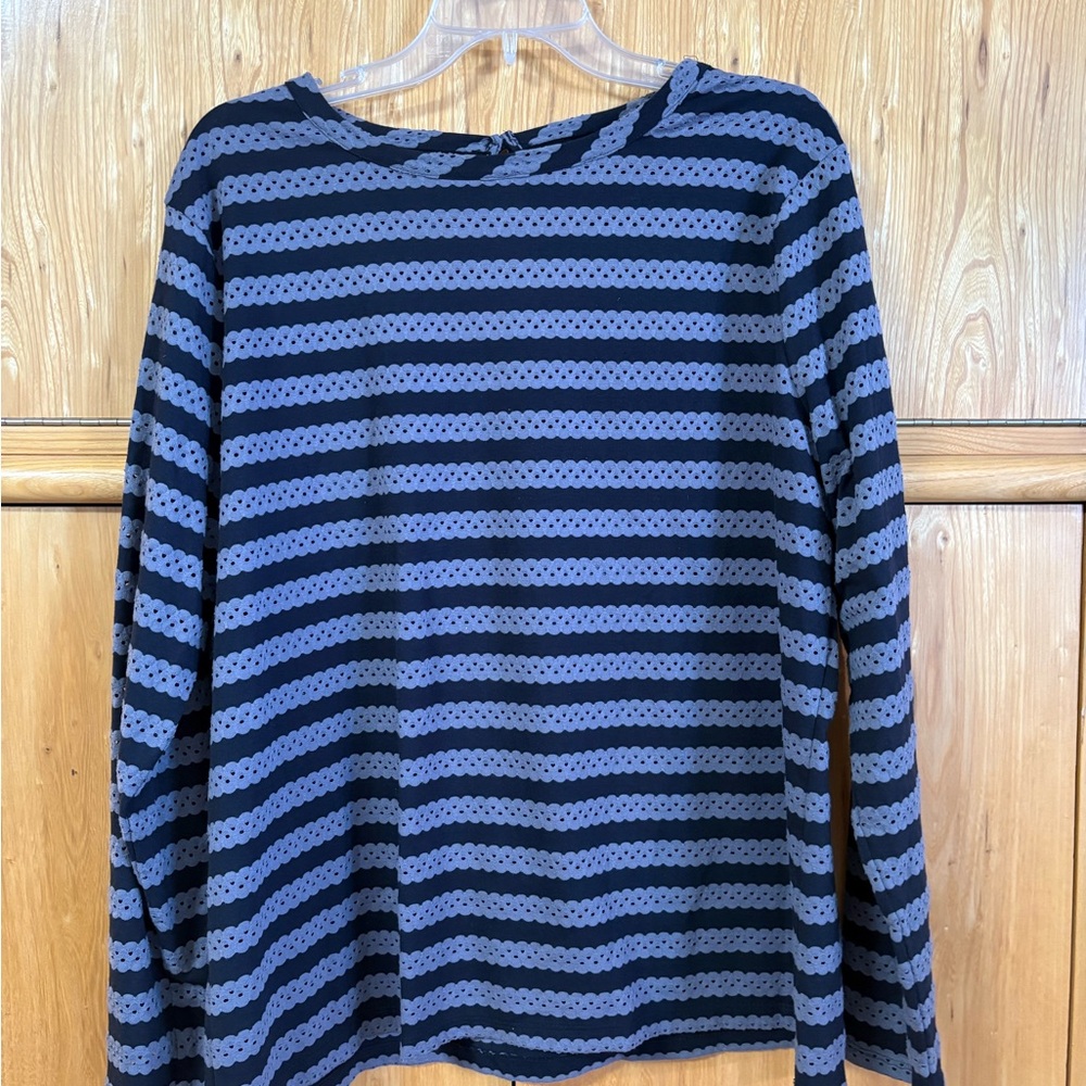 Anne Klein Black & Gray Perforated Striped Long Sleeve Top